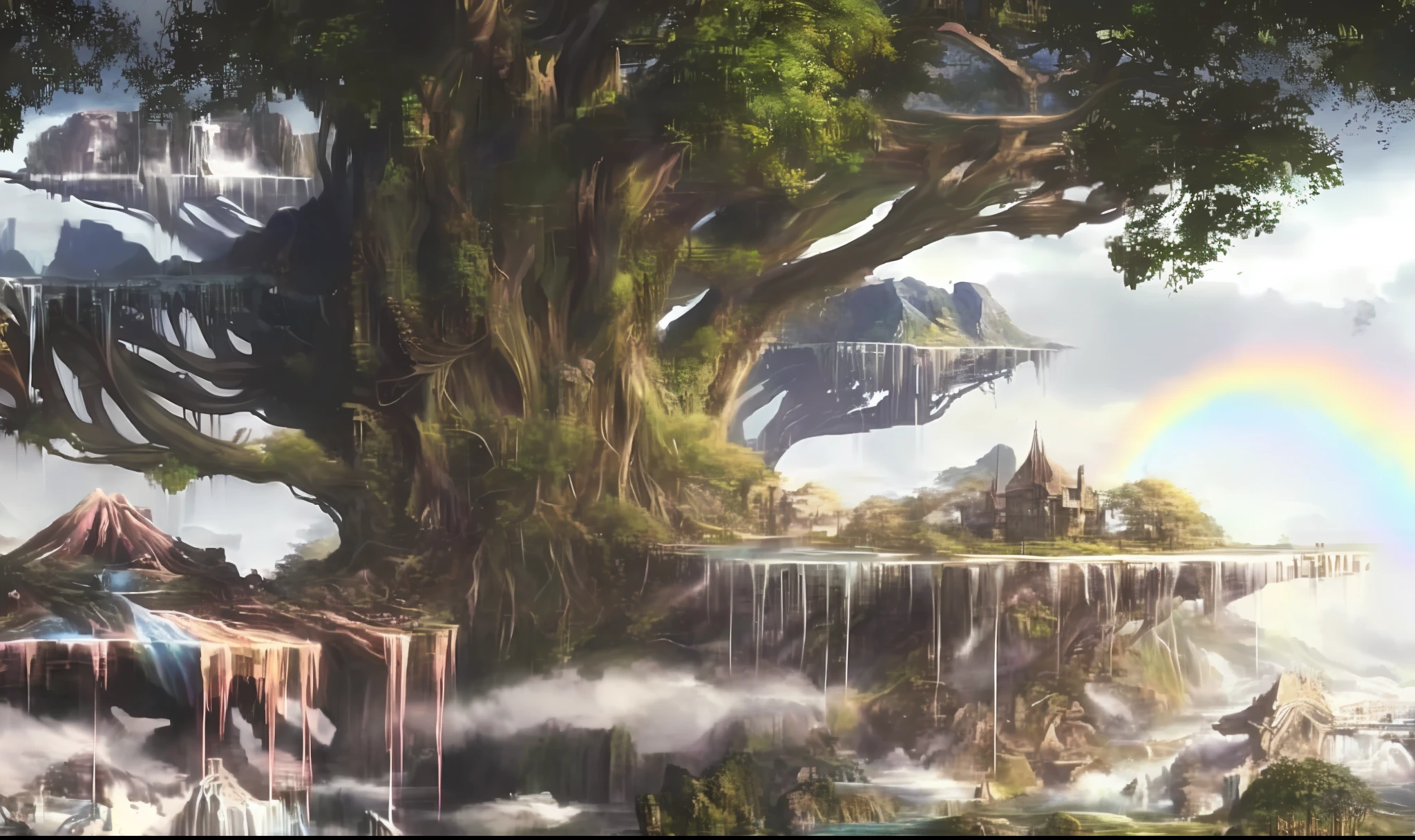 there is a painting of a waterfall and a rainbow in the sky, highly detailed fantasy art, made of tree and fantasy valley, fantasy art landscape, final fantasy vll world concept, hyperrealistic d & d fantasy art, detailed fantasy art, wide angle fantasy art, hyperrealistic fantasy art, unreal engine fantasy art, yggdrasil, fantasyconcept art