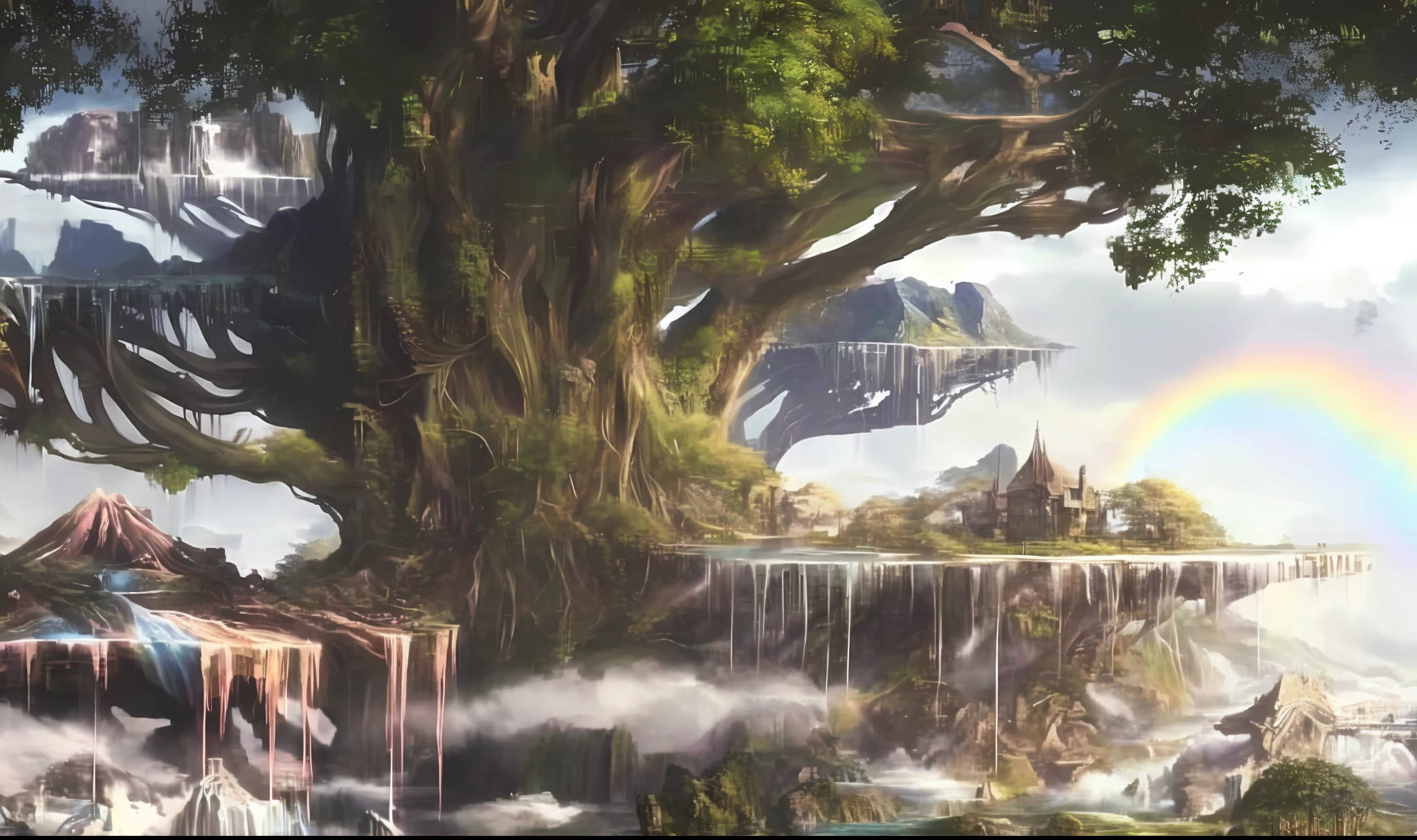 há uma pintura de uma cachoeira e um arco-íris no céu, highly detailed arte de fantasia, feito de árvore e vale de fantasia, Paisagem de arte de fantasia, conceito de mundo de Final Fantasy Vll, hiperrealista d & d arte de fantasia, detailed arte de fantasia, arte de fantasia grande angular, arte de fantasia hiperrealista, arte de fantasia de motor irreal, yggdrasil, arte conceitual de fantasia