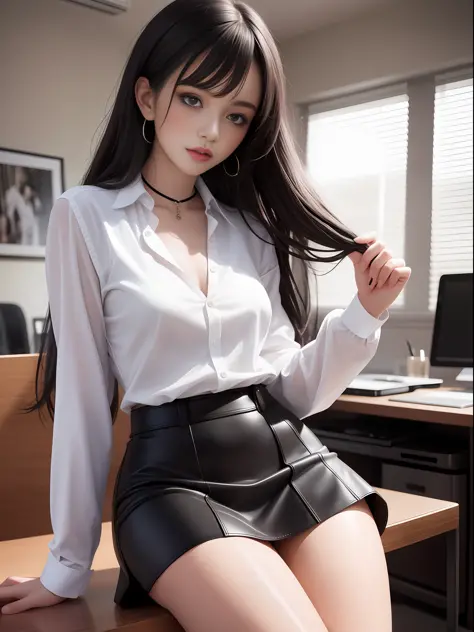 best quality, 1 beautiful woman, highest quality, masterpiece, colored hair, medium breasts, medium ass, ((aesthetic body)),((small stature)), ((dress )),(miniskirt)), ((white shirt and black skirt)), school environment, ((sexy woman)) with sensual look, s...