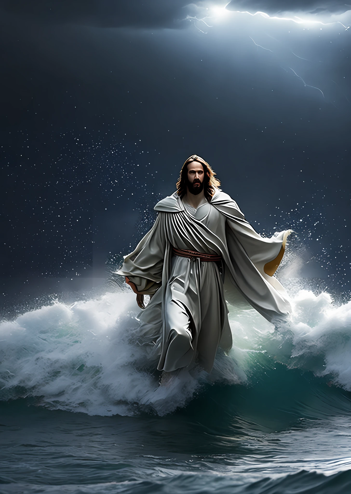 Jesus Christ walking on water in a storm, waves, soft expression, dark sky with lightning, lightning, photo realism, masterpiece, high quality, high quality, highly detailed CG unit 8k wallpaper, award-winning photos, bokeh, depth of field, HDR, bloom, chromatic aberration, realistic, very detailed, trend in CGsociety, complex, high detail, dramatic, volumetric lighting