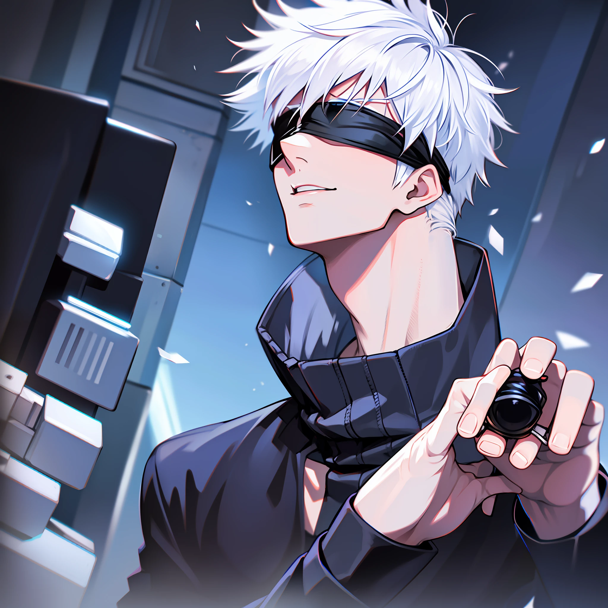 Short white hair, blue eyes, blindfolded, charming, , black clothes, high and cold