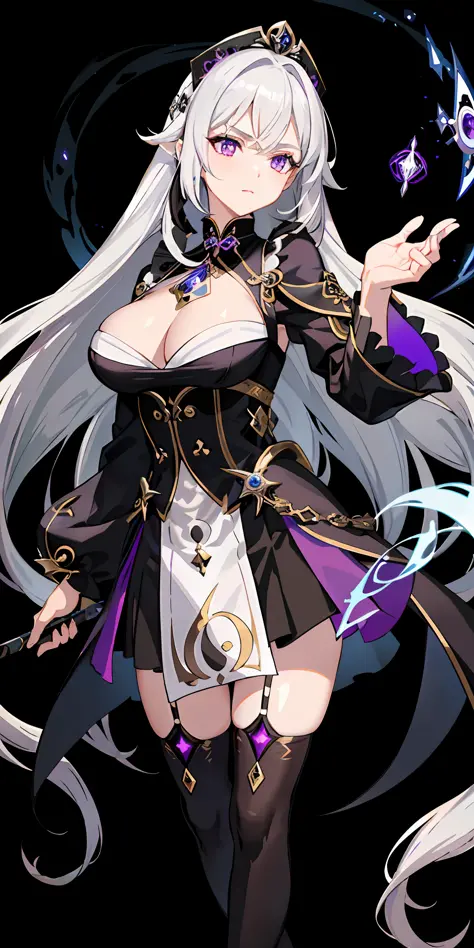 (top quality, masterpiece, background white) gray hair, fantasy costume, Genshin, purple eyes, fortune teller, black veil, sheep horn, zito eyes, older sister, black clothes, huge, cleavage, ephemeral expression, spear, lightning, tights, long bangs, myste...