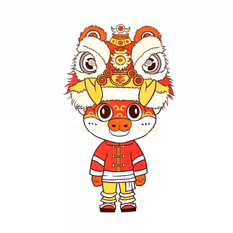 a cartoon of a lion with a red outfit and a crown, asura from chinese myth, japanese mascot, kitsune mask on head, mascot illustration, anthropomorphic samurai bear, inspired by Miao Fu, inspired by Luo Ping, inspired by Gong Xian, monkey king, sun wukong,...