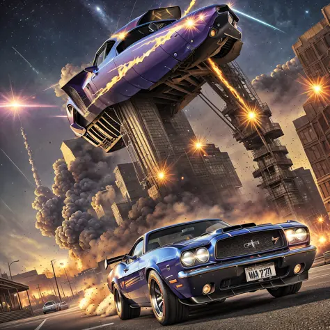 a painting of a boss muscle car,  (masterpiece, best quality), particle effects, epic explosion background, vivid, hdr, night time, very detailed, (cell shaded:1.2), ray tracing, it doesn't matter if it's an inch or a quarter mile --auto --s2