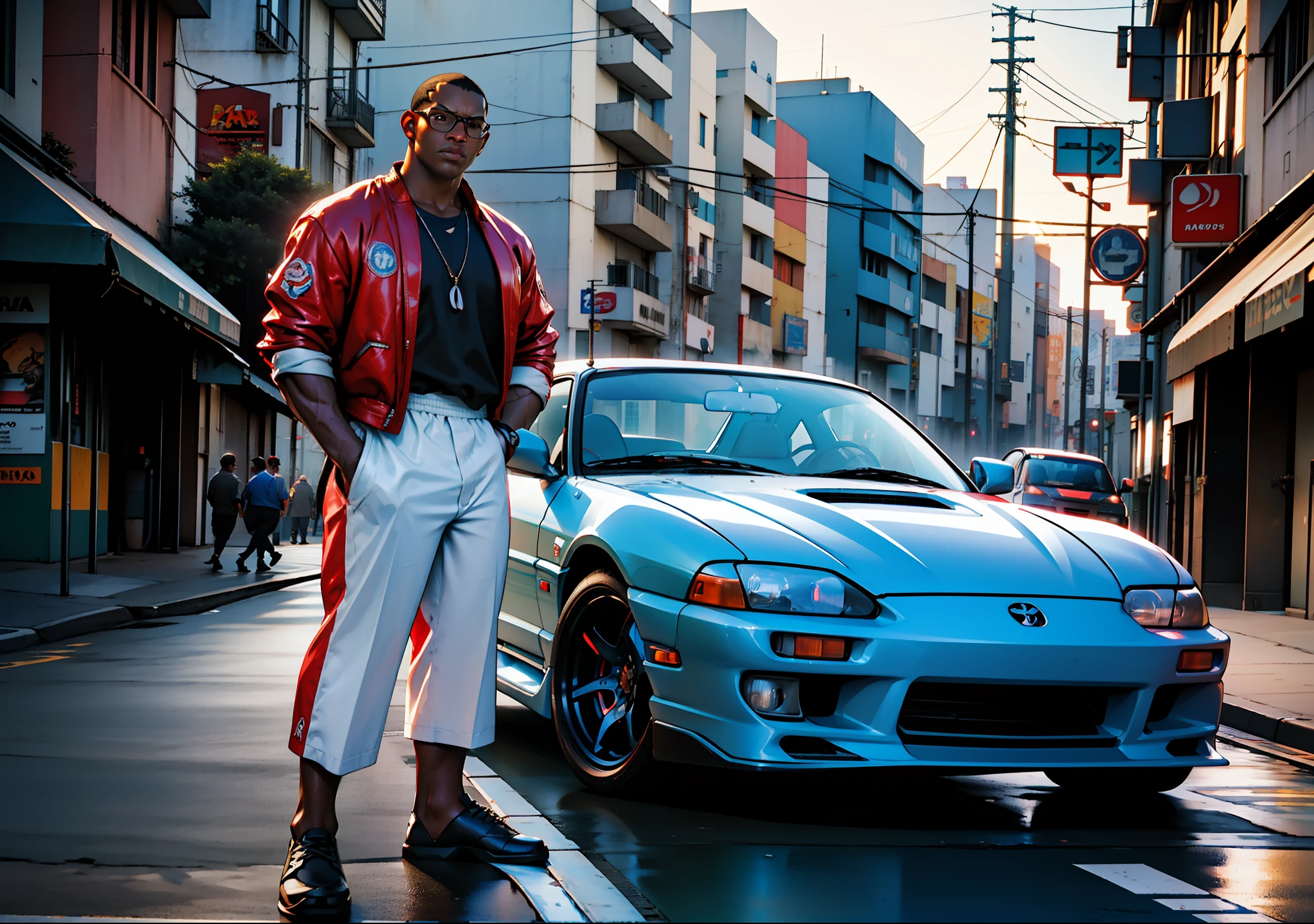 ((balrog)), standing leaning against car, Toyota Supra1995 tuning, Illuminated by sunlight, day, copacabana rio de janeiro, rapper outfit, eyeglasses, Digital art, 3D, realistic raytraicing, cinematic light, (street fighter)