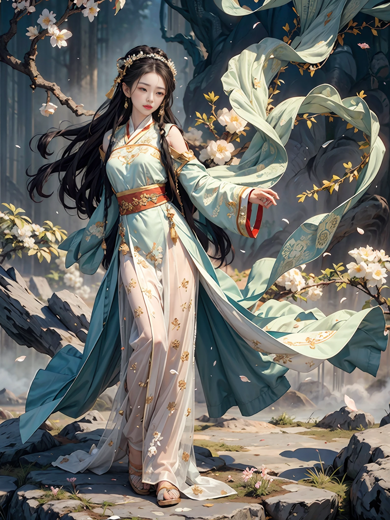 masterpiece,best quality,ancient
art,official art,aesthetic,
1girl, (full body: 1.2),solo, hanfu, dynamic posture,see through cloth, (flower blossom:1.2),jewelry,chinese,long_hair in the cloud,white smoke, misty,cyan mountain, light smile,shy, (arms behind back:1.8), fingers behind back,looking at viewer, Elegant,