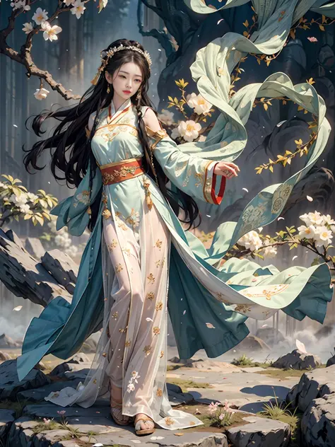masterpiece,best quality,ancient
art,official art,aesthetic,
1girl, (full body: 1.2),solo, hanfu, dynamic posture,see through cloth, (flower blossom:1.2),jewelry,chinese,long_hair in the cloud,white smoke, misty,cyan mountain, light smile,shy, (arms behind...