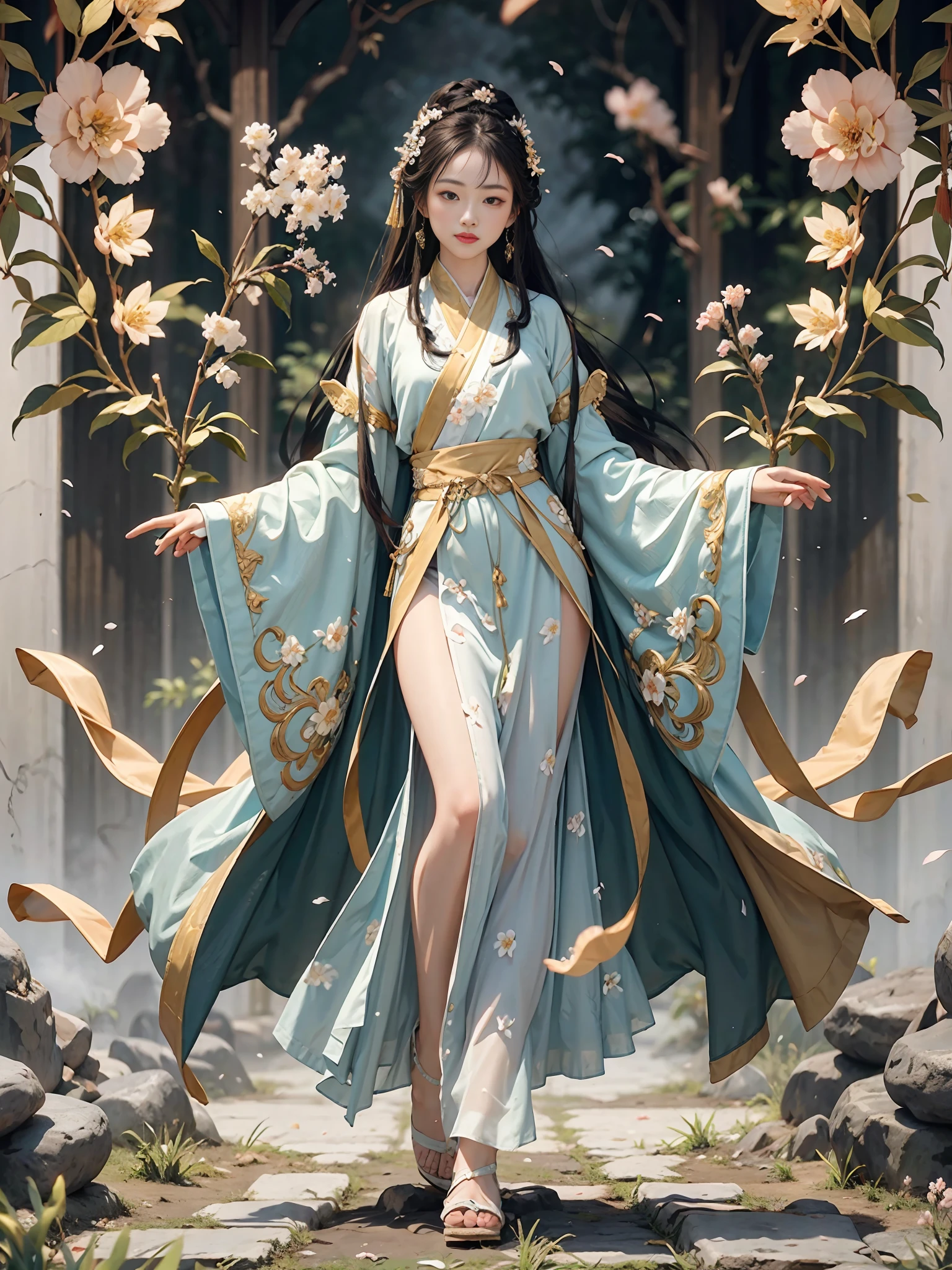 masterpiece,best quality,ancient
art,official art,aesthetic,
1girl, (full body: 1.2),solo, hanfu, dynamic posture,see through cloth, (flower blossom:1.2),jewelry,chinese,long_hair in the cloud,white smoke, misty,cyan mountain, light smile,shy, (arms behind back:1.8), fingers behind back,looking at viewer, Elegant,