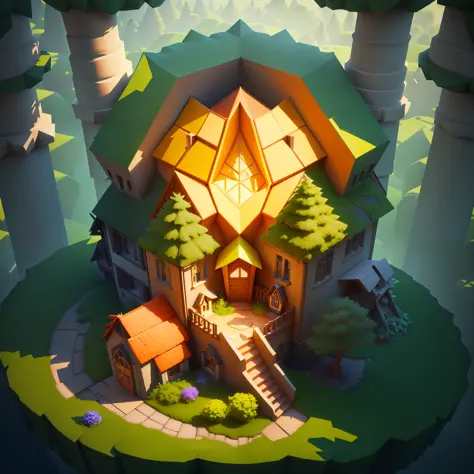 close-up of triangular cone house with tree in garden, stylized 3d rendering, flowers, stylized concept art, love, stylized game art, stars, fantasy house, isometric 3d fantasy cute house, super detailed colors Lowpoly art, stylized 3D, 3d stylized scene,