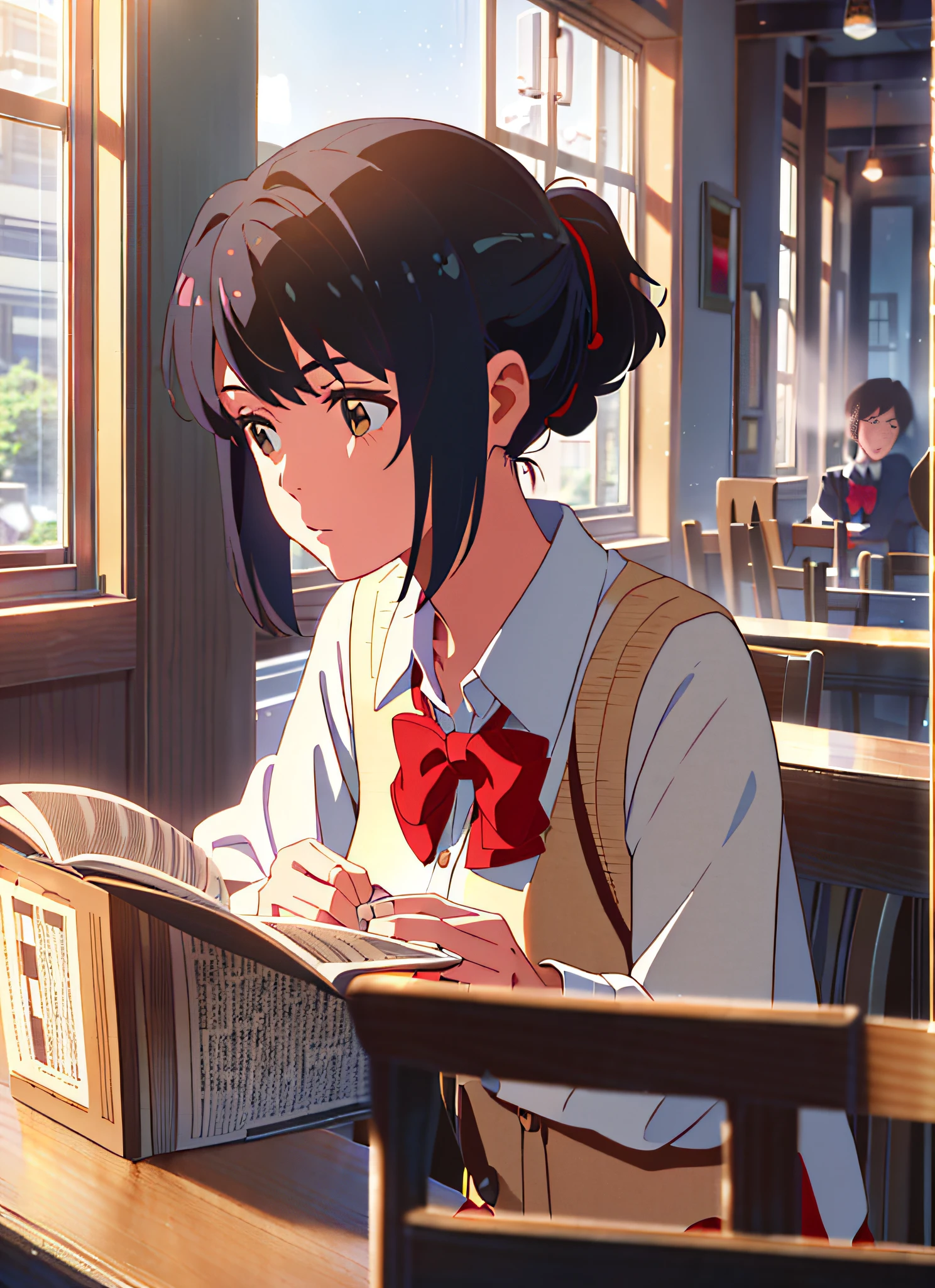((Masterpiece))), ((Best Quality))), ((Super Detailed)), 1 Girl with Red Thin Hair Rope, Black Hair, Reading, Coffee Shop, Kimi No Na Wa, Short Hair, Beige Japanese  JK, Shinkai Makoto Style, (Soft Light: 1.5), (Ruddy Skin: 1.5), (Normal Hands: 2), (Air Filled with Water Mist: 1.5)