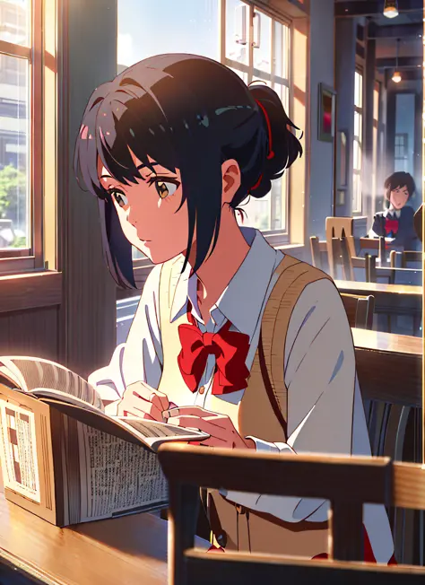 ((Masterpiece))), ((Best Quality))), ((Super Detailed)), 1 Girl with Red Thin Hair Rope, Black Hair, Reading, Coffee Shop, Kimi ...