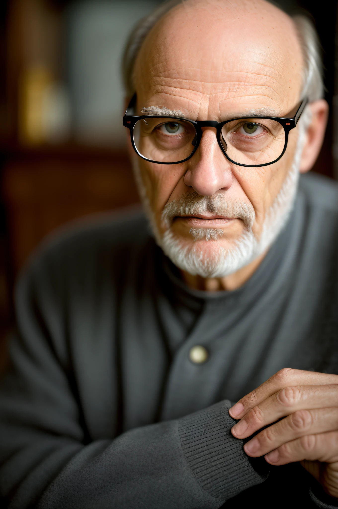 (editorial photograph of a balding, unshaven, tired, 70 y.o. male), (wearing worn out clothes, wearing glasses, detailed:1.3), (highly detailed face:1.4), (background inside dark, moody, private study, old furniture:1.3), (8k, uhd, dslr, high quality, cinematic lighting, bokeh), (dramatic, award winning photography, incredible masterpiece:1.3) (strong depth of field)