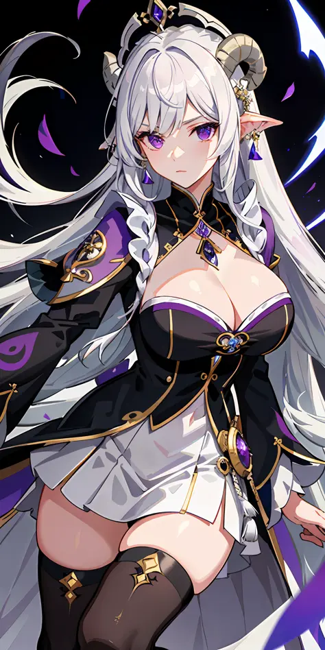 (top quality, masterpiece, background white, Genshin) gray hair, fantasy costume, mond, purple eyes, fortune teller, face veil, sheep horn, older sister, black clothes, huge, cleavage, ephemeral expression, spear, thunder, tights, long bangs, mysterious, p...