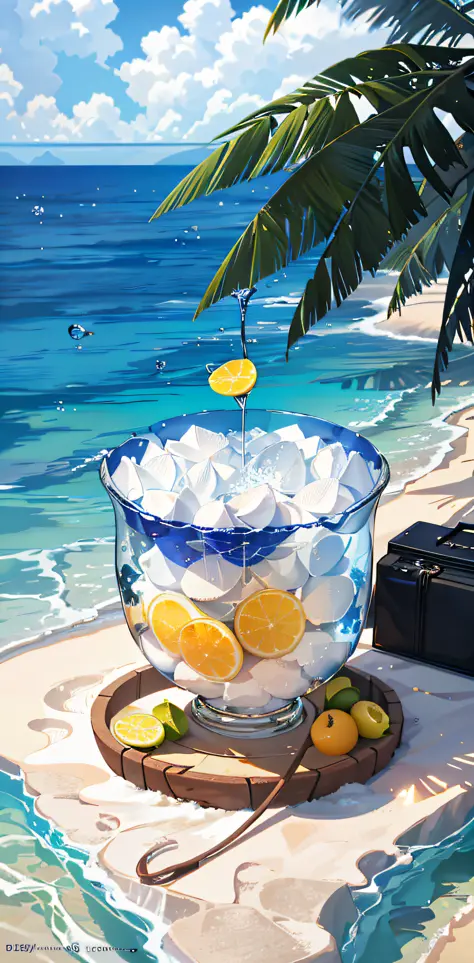 Using the right hand, macro photography depicts picnic scenes themed around a tropical beach holiday in summer. The protagonist of this photo is a large PVC bucket filled with water droplets, with a capacity of 18L, the barrel body is generally thick above...