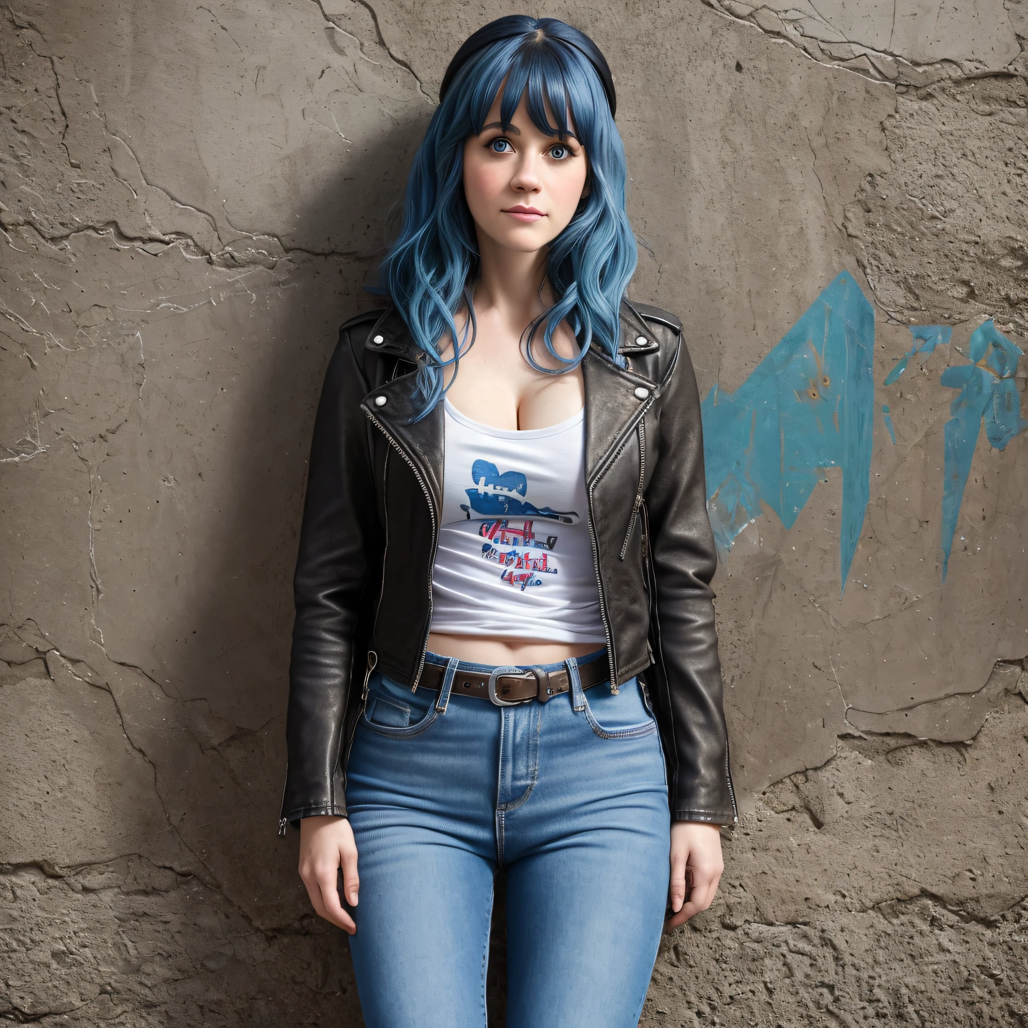 (best quality, masterpiece, realistic, detailed), 8k CG, perfect artwork, (blue hair), blue eyes, endomorph body type, normal breasts, large butt, fully dressed, grunge wear, melancholic face, colorful graffiti in front of the wall,leather jacket, skin white, full body, camiseta, long hair, 1 girl, music, (zooey deschanel), teen, 17 yo, "calça jeans", "square jaw", sad, shy