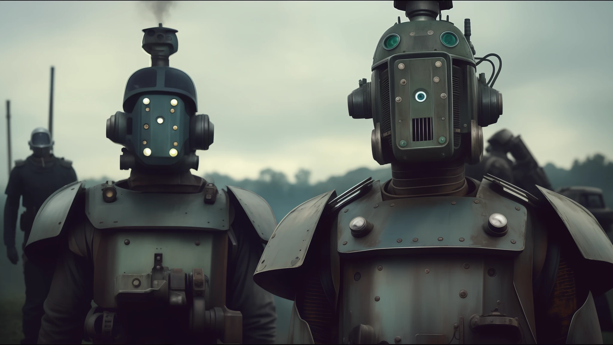there are two robots that are standing next to each other, by emmanuel lubezki, dieselpunk style, featured on vimeo, а fantasy proto-slavic mythology, steam punk , war boys, forest punk, high collar, by Matt Stewart, cory behance hd, by David Firth, —n 9, high resolution film still, heilung