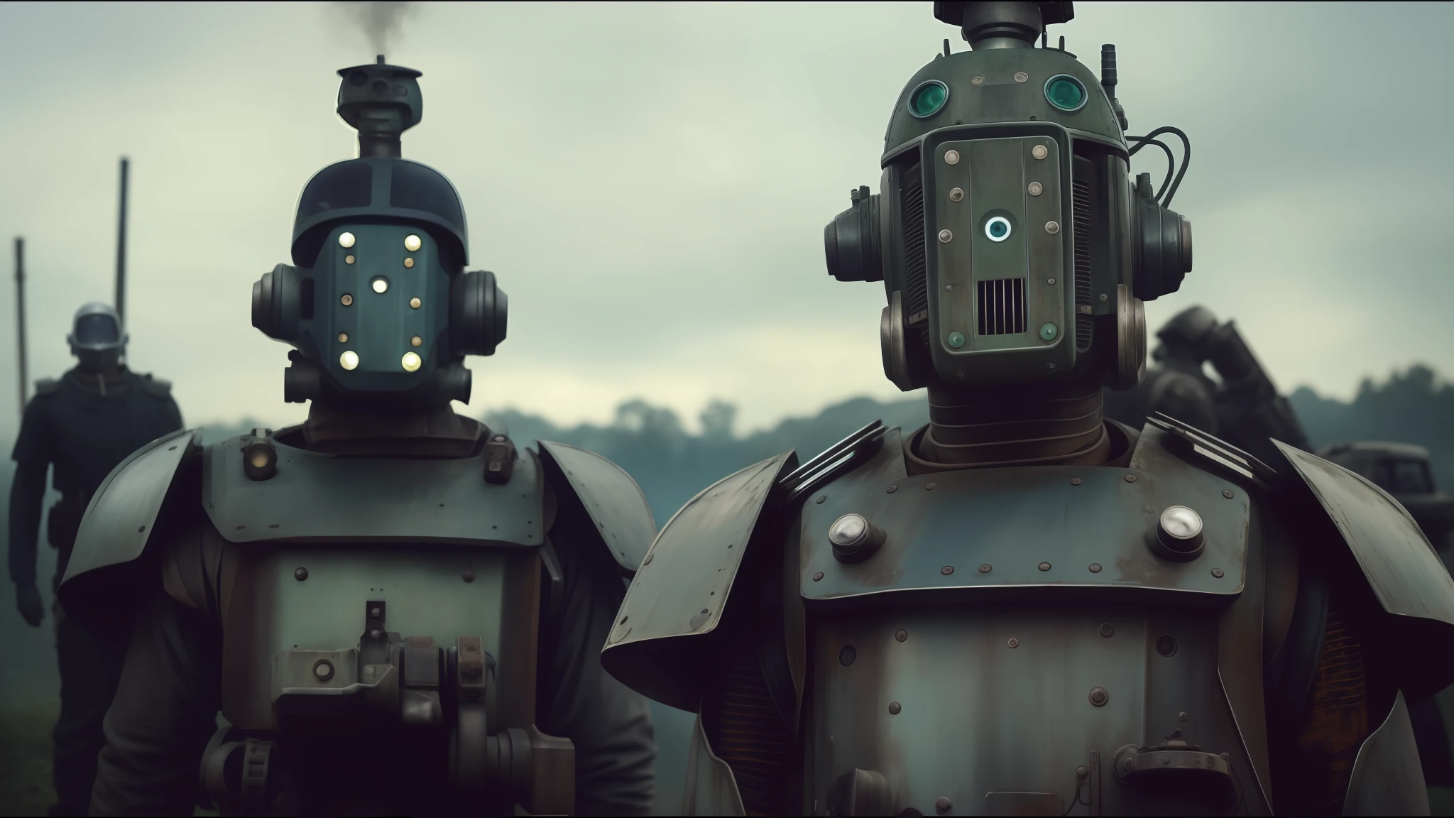 há dois robôs próximos um do outro, por Emmanuel Lubezki, Estilo dieselpunk, destaque no vimeo, uma mitologia proto-eslava de fantasia, Punk a vapor , meninos de guerra, punk da floresta, gola alta, por Matt Stewart, cory behance hd, por David Firth, —n 9, filme em alta resolução ainda, cura