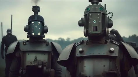 there are two robots that are standing next to each other, by emmanuel lubezki, dieselpunk style, featured on vimeo, а fantasy p...