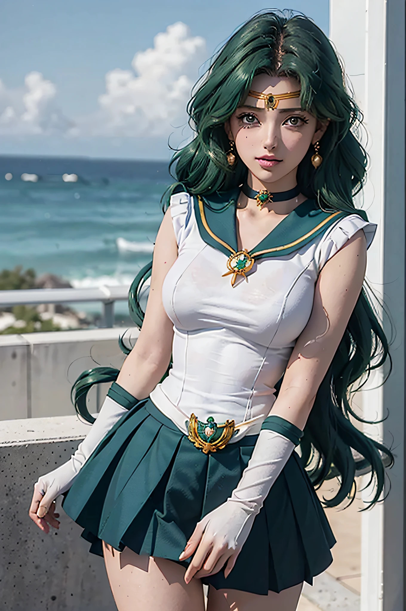 close-up, 1girl, sailor neptune, (sailor senshi uniform:1.2), (aqua eyes:0.9), dark green hair, medium hair, plead skirt, best quality, earrings, masterpiece, high resolution, intricate details, (( realistic )), photographic, (white elbow gloves:1.1), jewelry, Medium breast, full body, Dynamic background, dynamic posture,