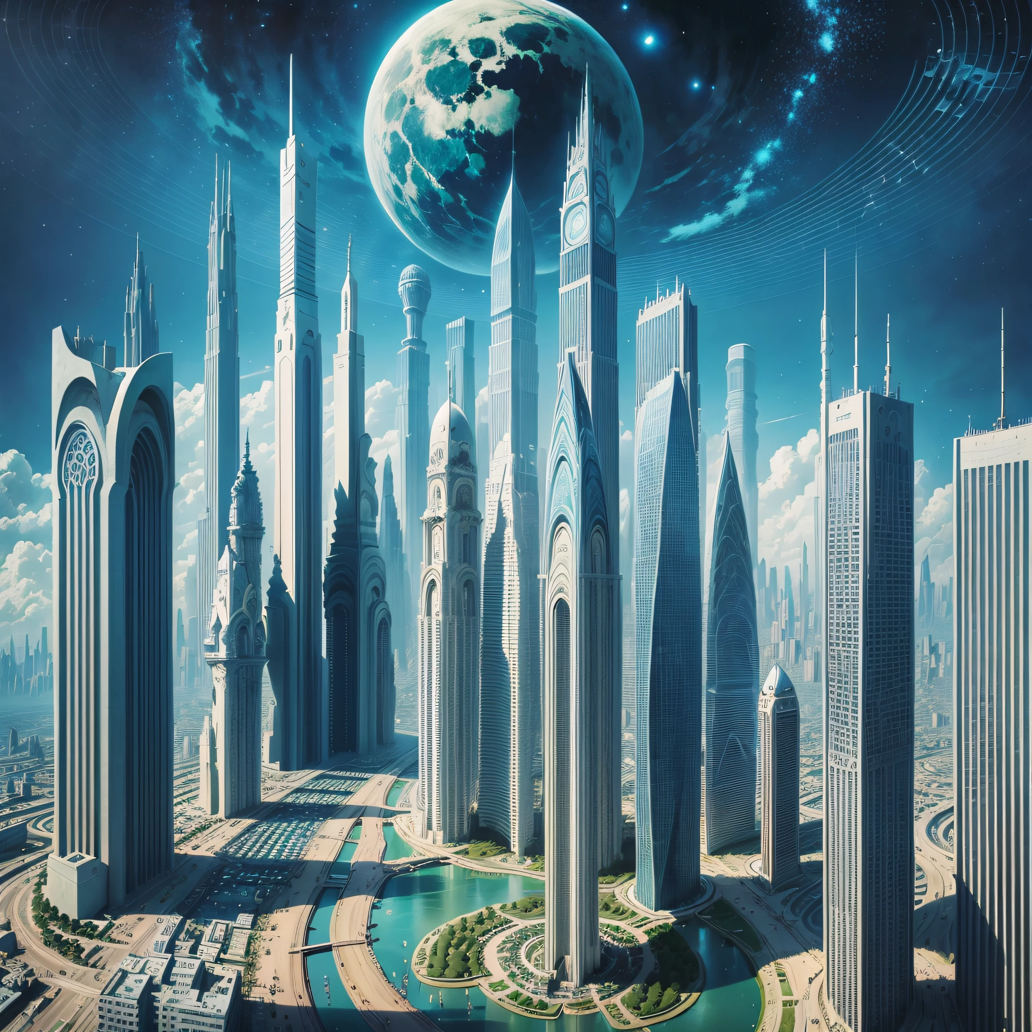 In the middle of the field there are many cylindrical skyscrapers, cylindrical buildings higher than clouds, bright color scheme, closer lower structures, farther higher and hazy structures, buildings with regular arrangement, blue sky, plants, garden city, fine irregularities, monolith, Atlantis city, Atlantis city, futuristic painting, Rob Gonsalves and Tim White, fantastic, dramatic, planetary city, utopian city, High image quality, --auto --s2