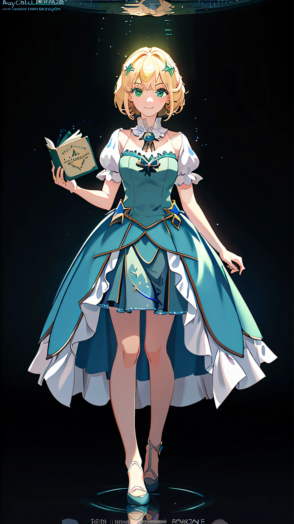 1girl 的 vtubermodel, 金发女郎, 绿眼睛, 神奇的蓝色连衣裙, 拿着一本魔法书, 高质量, 额外的细节, 渲染, 白色背景, 全身, 微笑, 高清细节, 湿水印, 超细节, 電影, 超现实主义, 柔光, 深场焦点散景, 光线追踪, 扩散 (超细玻璃反射) and 超现实主义.