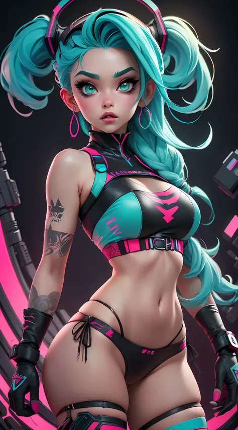 ((Best Quality)), ((Masterpiece)), ((Realistic)) and ultra-detailed photography of a 1nerdy girl with goth and neon colors. She has ((turquoise hair)), wears a (tech-wear top) and a (black thong, red pattern:1.2) , ((beautiful and aesthetic)), sexy, under-...