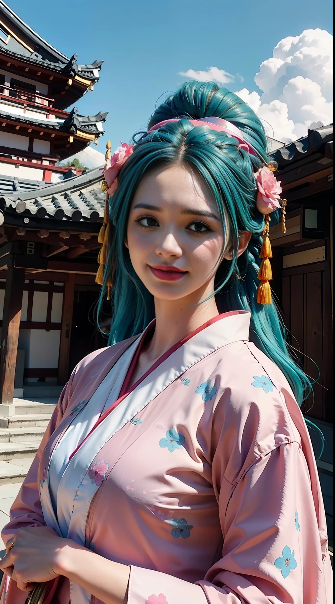 KozukiHiyori, ((masterpiece:1.4, best quality)), ((masterpiece, best quality)), (photo realistic:1.4), medium breasts, Japanese actress, big black eyes, cute, young, smiling, (aqua hair ), hair flower, pink kimono, makeup, kimono, lipstick, blue eyes, long hair, hair stick, kanzashi, castle, cityscape, blue sky, professional lighting, physically-based rendering