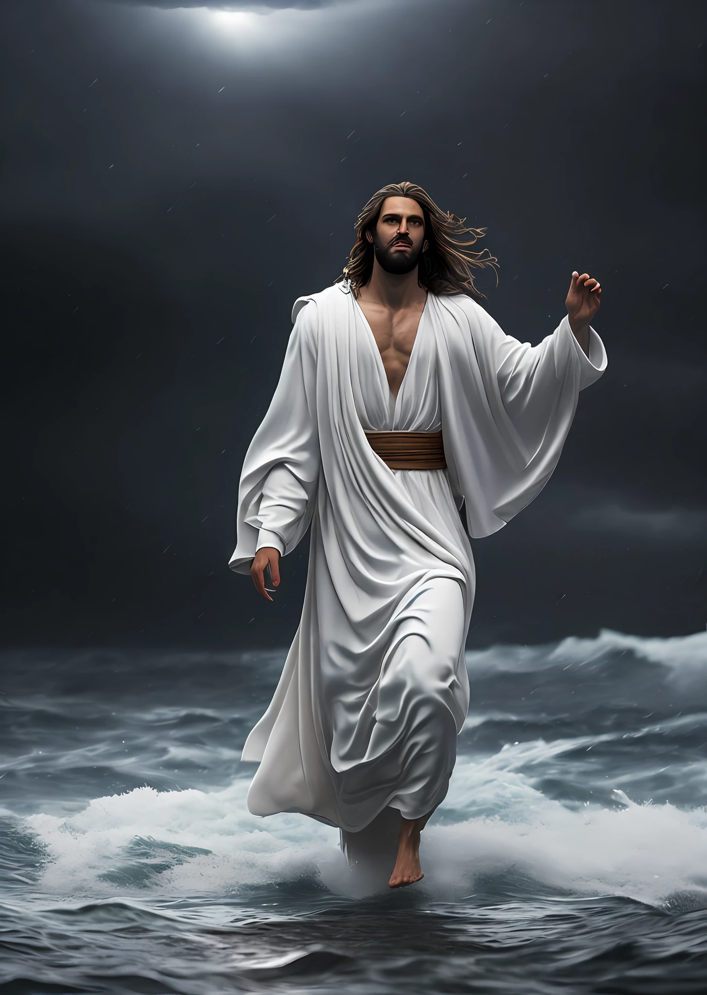 Jesus Christ walking on water in a storm, white robes, waves, soft expression, dark sky with lightning, lightning, photo realism, masterpiece, high quality, high quality, highly detailed CG unit 8k wallpaper, award-winning photos, bokeh, depth of field, HDR, bloom, chromatic aberration, realistic, very detailed, trend in CGsociety, complex, high detail, dramatic, volumetric lighting
