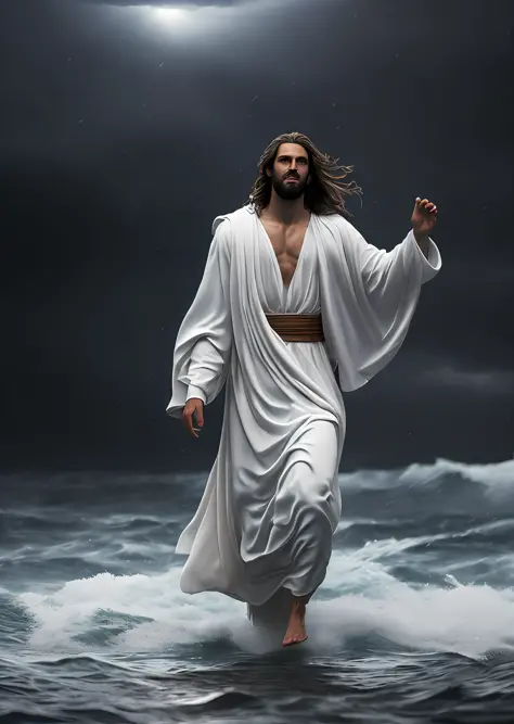 jesus christ walking on water in a storm, white robes, waves, soft expression, dark sky with lightning, lightning, photo realism...