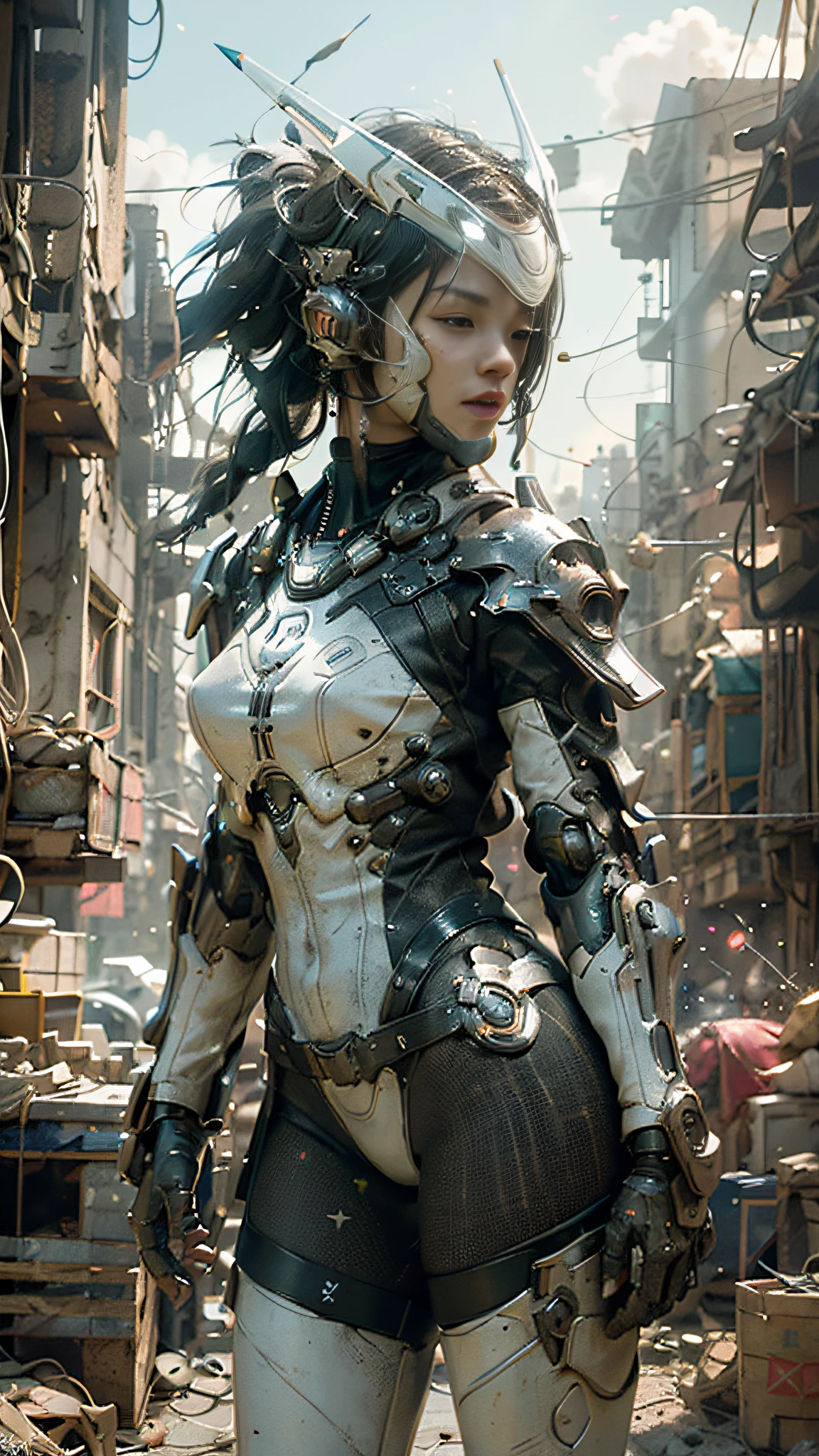 ((best quality)), ((masterpiece)), ((realistic)), (detailed), (photorealistic:1.5), a futuristic girl, (thick body), (white bodysuit), lights on armor, cybernetic headwear, looking at viewer, dynamic pose, post apocalyptic, destroyed city background, buildings on fire, science fiction, hdr, ray tracing, nvidia rtx, super-resolution, unreal 5, subsurface scattering, pbr texturing, post-processing, anisotropic filtering, depth of field, maximum clarity and sharpness, rule of thirds, 8k raw, (luminescent particles:1.4), (extremely detailed cg, unity 8k wallpaper, 3d, cinematic lighting, lens flare), reflections, sharp focus, cyberpunk art, cyberpunk architecture,