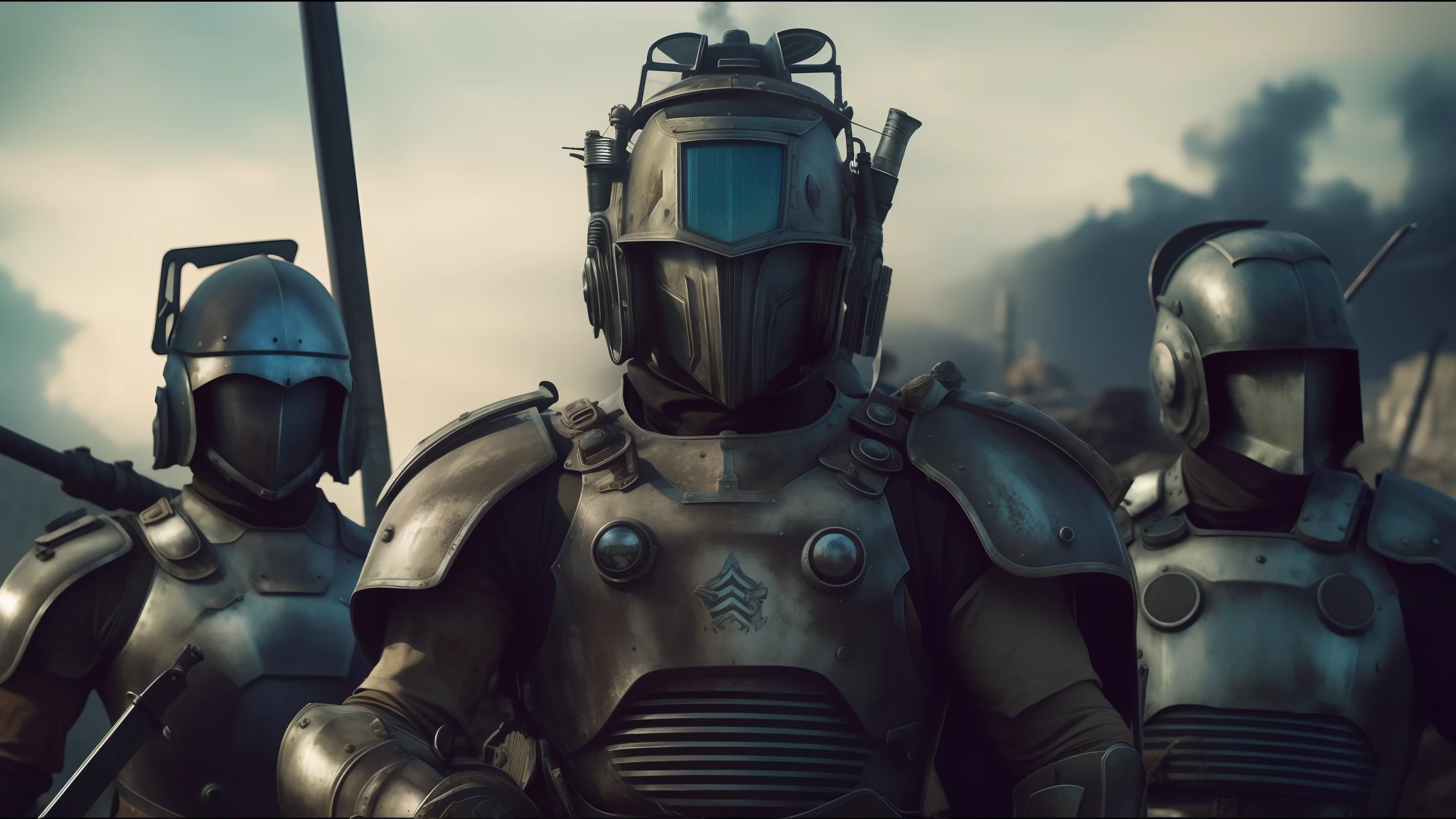 there are three men in armor standing together with swords, futuristic dieselpunk street, youtube thumbnail, wastelands, shot on anamorphic lenses, realistic restored face, red heavy armor, by David B. Mattingly, machinarium, streaming on twitch, kit bash, guards, rural wastelands