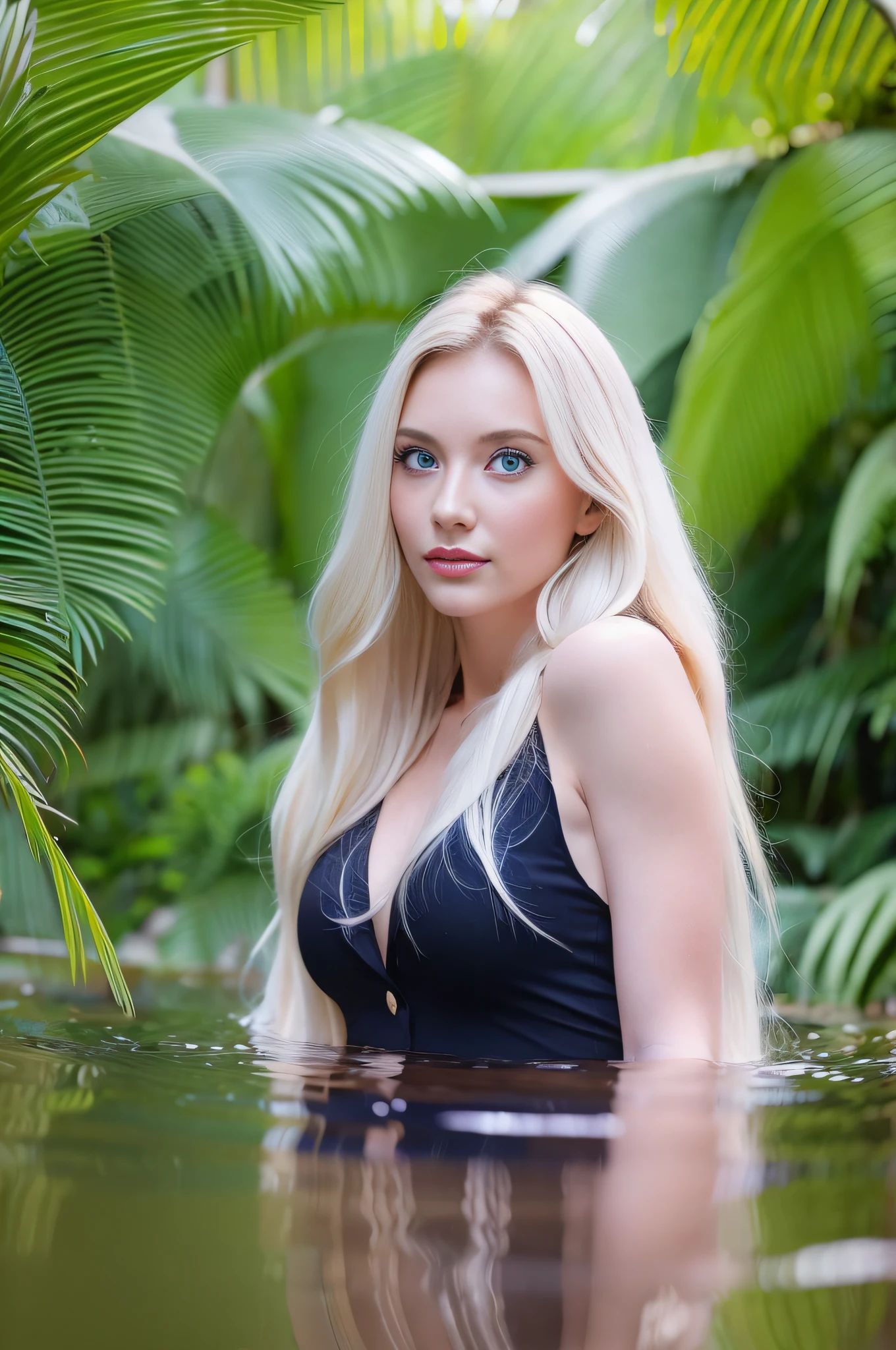 1 europäisches Mädchen, schönes Gesicht, Groß, blondes Haar, blaue Augen, Lange Beine, Bad, im Dschungel, Hochwertige Fotos, helles Sonnenlicht durch die Blätter.  , , , , , --q 1, DSLR --v 6 --s2