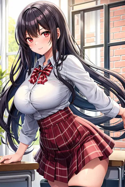 High school girl in white blouse and red checked skirt, red checked skirt, long black hair untied, pinched eyes, long lashes, we...