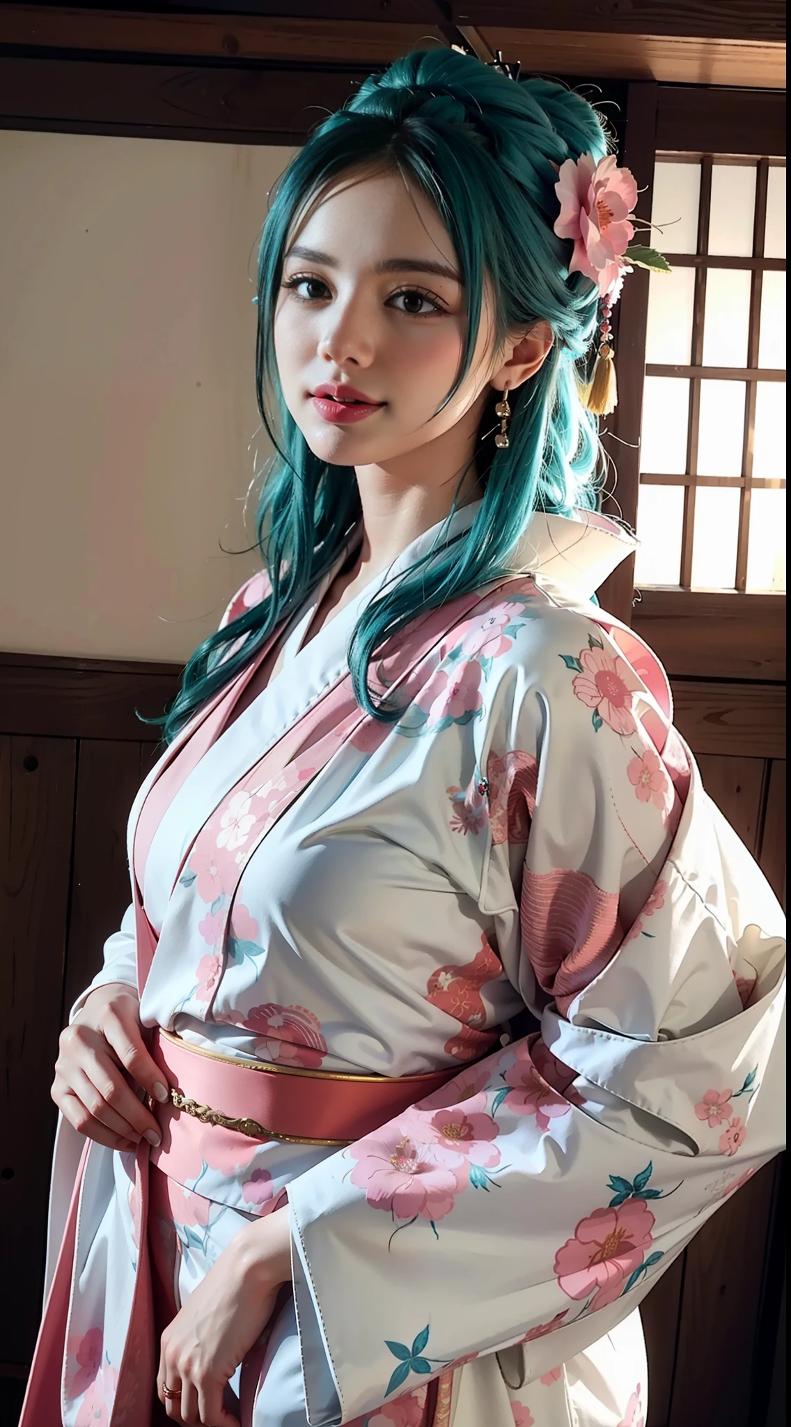 KozukiHiyori, ((masterpiece:1.4, best quality)), ((masterpiece, best quality)), (photo realistic:1.4), medium breasts, Japanese actress, big black eyes, cute, young, smiling, (aqua hair ), hair flower, (pink kimono, floral kimono), makeup, kimono, lipstick, long hair, hair stick, hairpin, castle, cityscape, blue sky, professional lighting, physically-based rendering