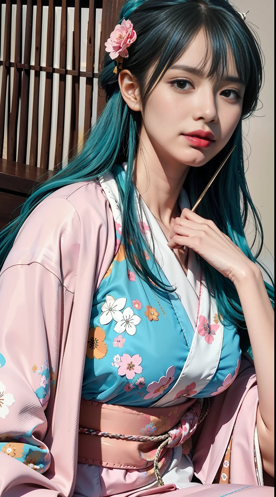 KozukiHiyori, ((masterpiece:1.4, best quality)), ((masterpiece, best quality)), (photo realistic:1.4), medium breasts, Japanese actress, big black eyes, cute, young, smiling, (aqua hair ), hair flower, (pink kimono, floral kimono), makeup, kimono, lipstick, long hair, hair stick, hairpin, castle, cityscape, blue sky, professional lighting, physically-based rendering