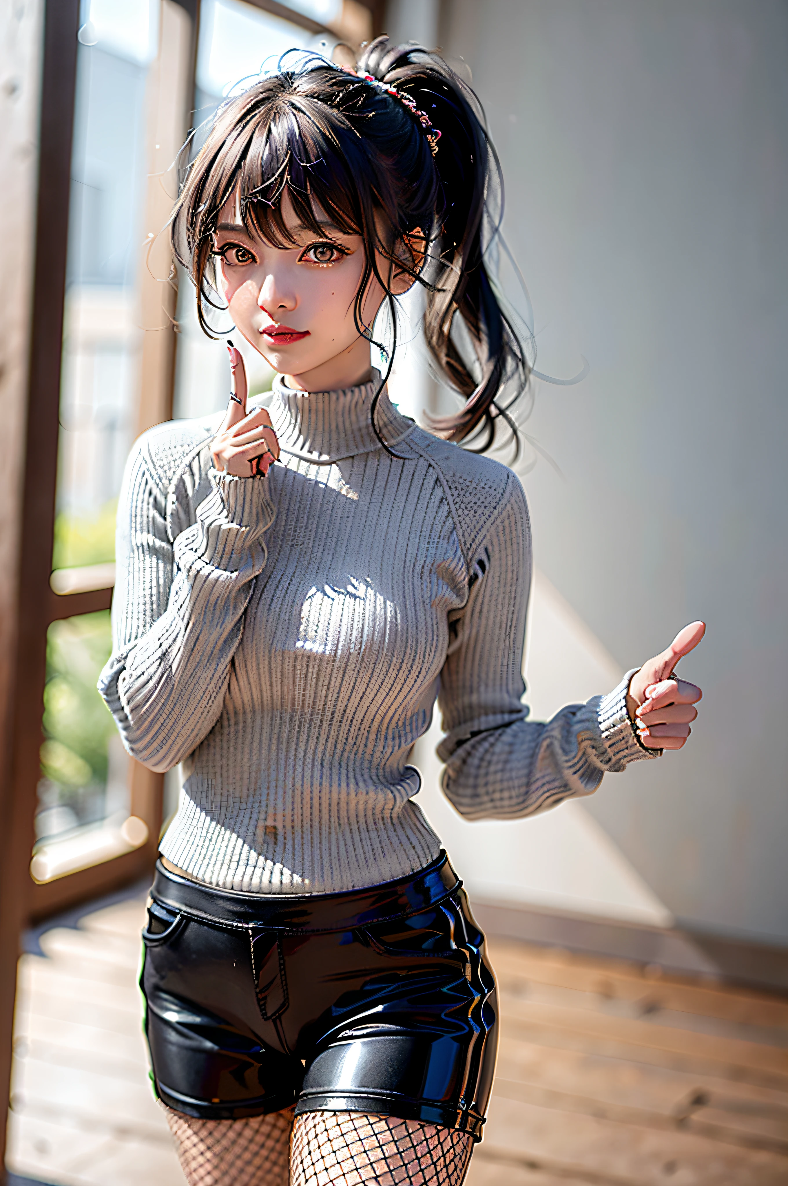 1girl,masterpiece,highest quality,futao (genshin impact),butao,ponytail,brunette,solo,symbol pupil,long hair, finger heart, bangs, black shorts,(highly detailed CG unity 8k wallpaper), (masterpiece), (top quality), (super detailed), (best illustration), (best shadow), (realistic:1.4), 1girl on street, Kpop idol, ((very oversized sweater, button sweater, open sweater), (gray hair:1.1), collarbone, (middle breast: 1.3), viewer, smile, whole body, (latex clothes, Latex tights, soft smile, smooth texture of clothes),