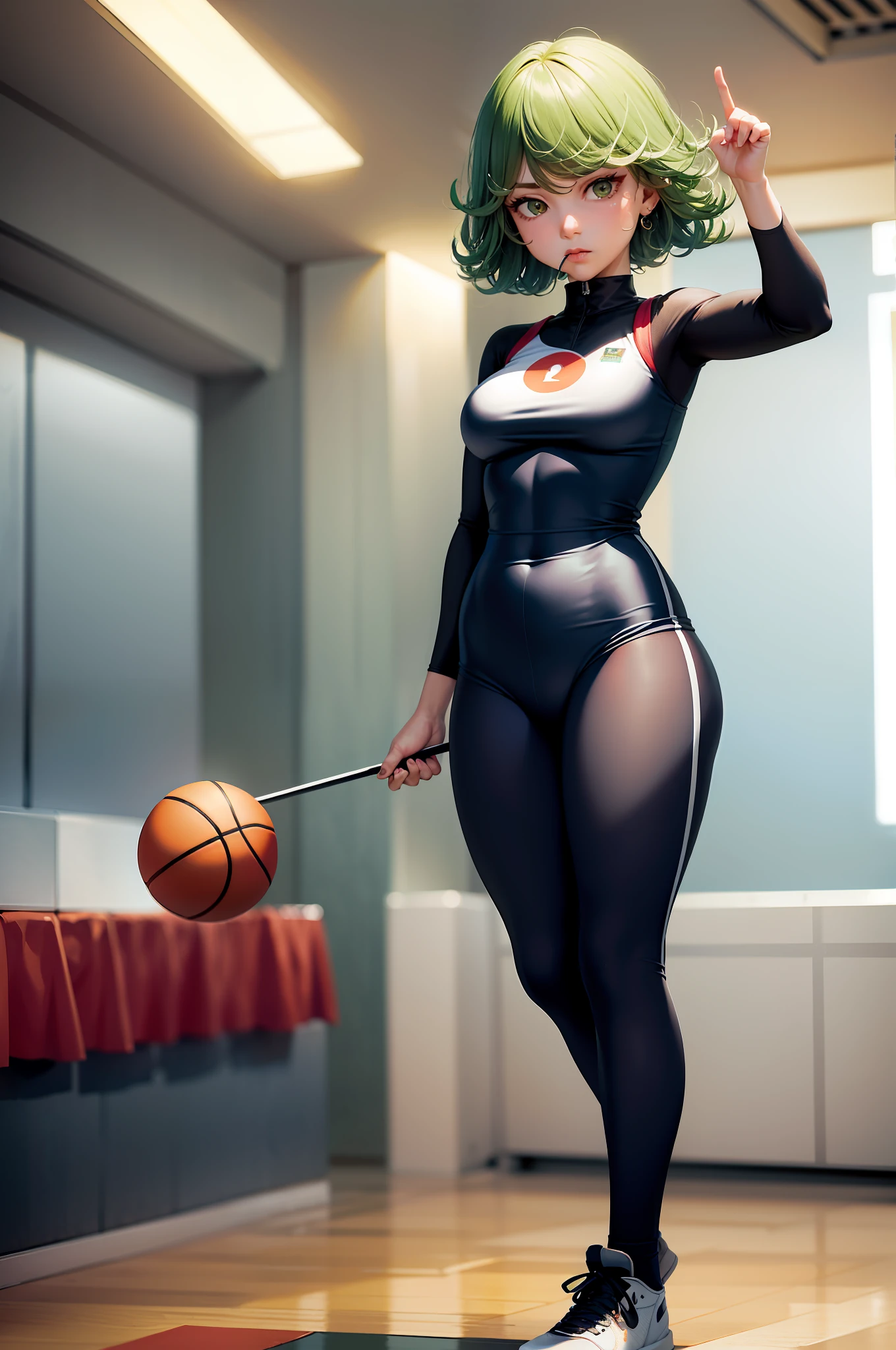 (Masterpiece, best quality: 1.2), solo, 1 girl, Tatsumaki, boring, mouth closed, looking at the audience, basketball in hand, standing on basketball court, medium breasts, loose basketball suit.