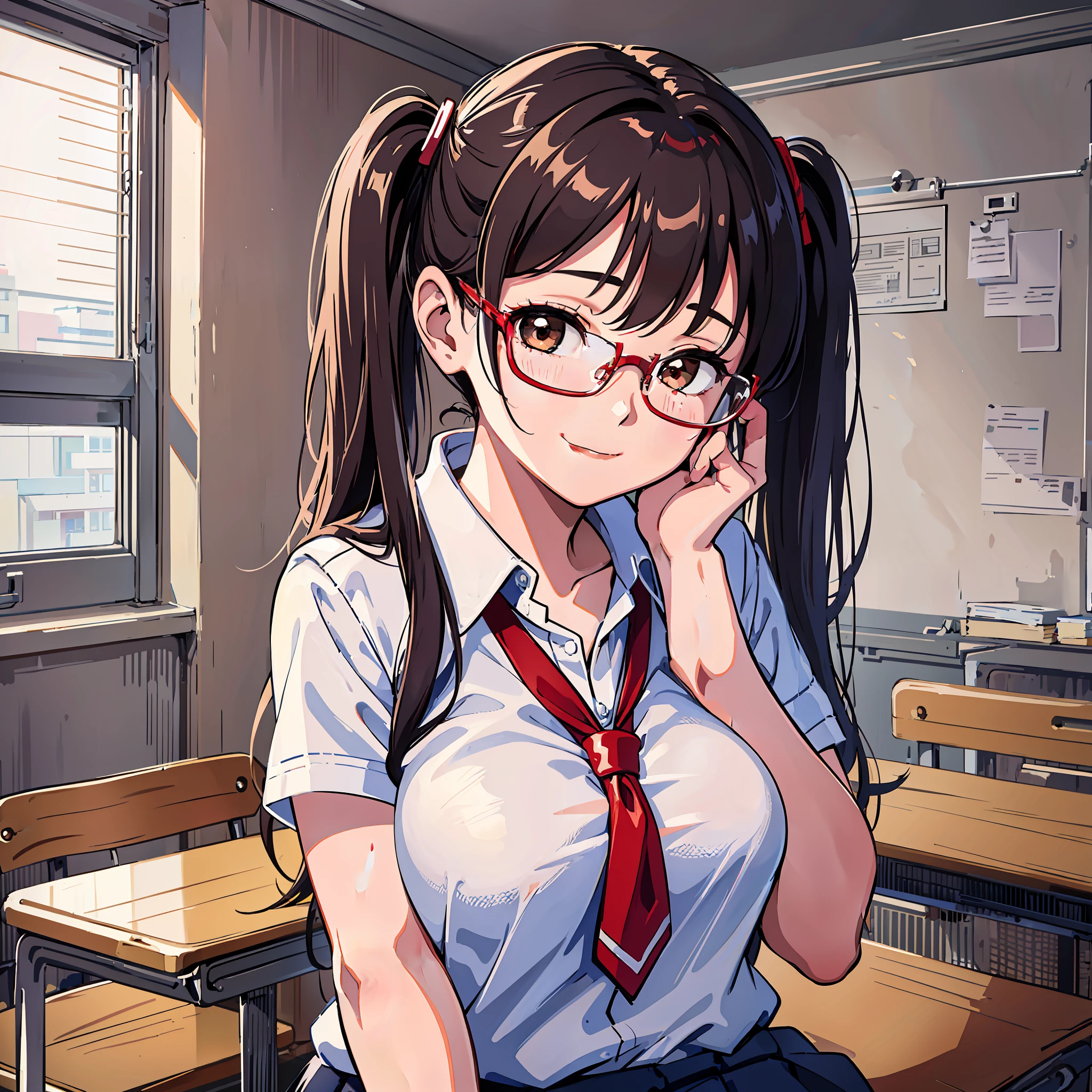 Yin kya, I'm in trouble, School uniform, glasses, cute bra, 8K, Best quality, 16 years old, Smile, Looking at camera, Red cheeks, Delicate hands, Classroom, Clear liquid leaking from crotch, Chest protruding pose, Big breasts, Crisp hair, Pigtails, Sober