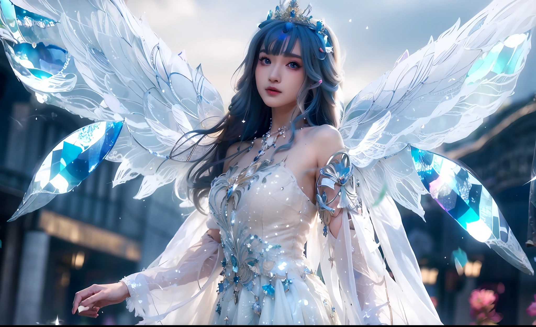 Anime-Mädchen in einem weißen Kleid mit Flügeln und blauen Kristallen, ätherische Flügel, majestätischer Engel mit vollem Körper, wunderschöner Fantasy-Anime, Ätherische Fantasie, wunderschöner Engel, eine wunderschöne Fantasiekaiserin, of wunderschöner Engel, Fantasy-Kunststil, Astralfee, große weiß leuchtende Flügel, of an wunderschöner Engel girl, Anime-Göttin, young wan angel, Engel Ritter Mädchen, ((eine wunderschöne Fantasiekaiserin))