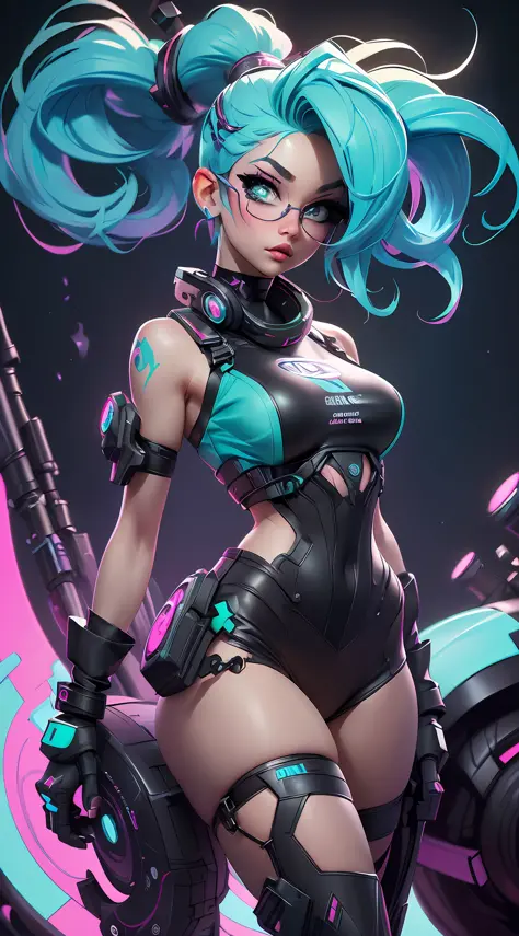 ((Best Quality)), ((Masterpiece)), ((Realistic)) and ultra-detailed photography of a 1nerdy girl with goth and neon colors. She has ((turquoise hair)), wears a (tech-wear top) and a (black g-string) , (bare legs) ((beautiful and aesthetic)), sexy, under-bo...