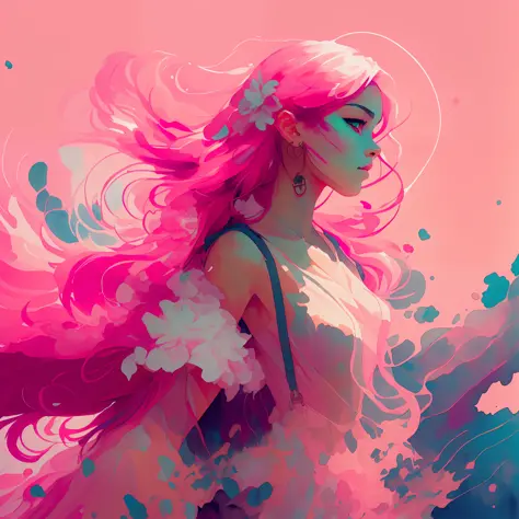 wtrcolor style, (pink) digital art, official art, windblown, masterpiece, gorgeous, ((watercolor)), ink splashes, intricate deta...