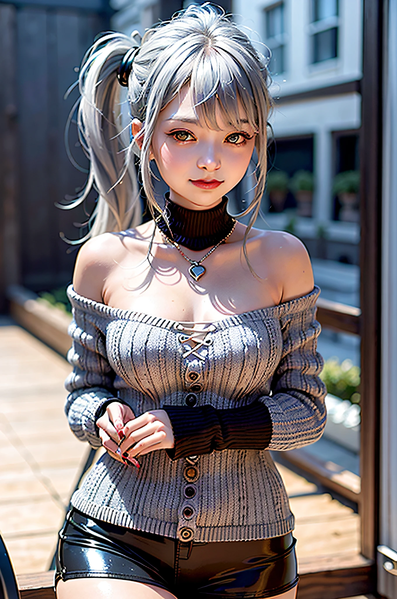 1girl,masterpiece,highest quality,futao (genshin impact),butao,ponytail,brunette,solo,symbol pupil,long hair, finger heart, bangs, black shorts,(highly detailed CG unity 8k wallpaper), (masterpiece), (top quality), (super detailed), (best illustration), (best shadow), (realistic:1.4), 1girl on street, Kpop idol, ((very oversized sweater, button sweater, open sweater), (gray hair:1.1), collarbone, (middle breast: 1.3), viewer, smile, whole body, (latex clothes, Latex tights, soft smile, smooth texture of clothes),