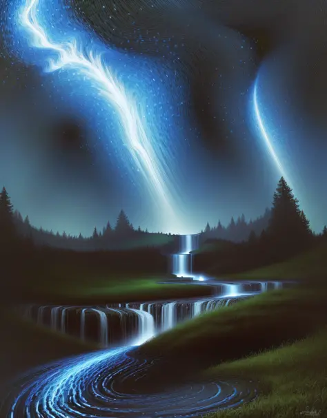 a painting of a waterfall with a waterfall in the middle, detailed fantasy digital art, magic fantasy highly detailed, highly de...