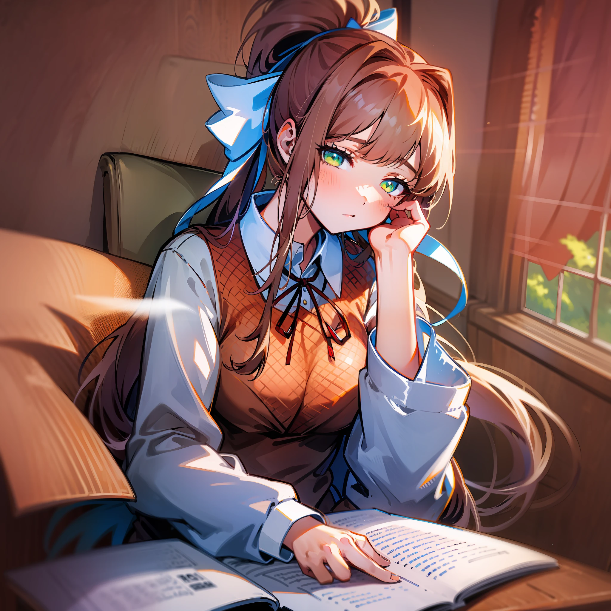 monika, green eyes, brown hair, very long hair, ponytail, hair ribbon, white ribbon, school uniform, monika, Monika sitting in a chair, reading a book in a classroom, flawless hands, 5 fingers on each hand, detailed hands, detailed eyes, perfect eyes, 8K resolution, Japanese anime style, intricate, illustration style, 2D, vibrant color, high contrast, expansive, full-body.