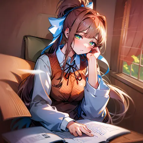 monika, green eyes, brown hair, very long hair, ponytail, hair ribbon, white ribbon, school uniform, monika, monika sitting in a...