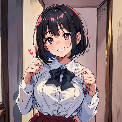 Little sister, cute bra, 8K, best quality, 16 years old, smile, looking at camera, red cheeks, (((school uniform)), embarrassed, delicate hands, home, love brother, black hair, bob hair, bragging breasts, taking off clothes and showing off breasts, chest s...