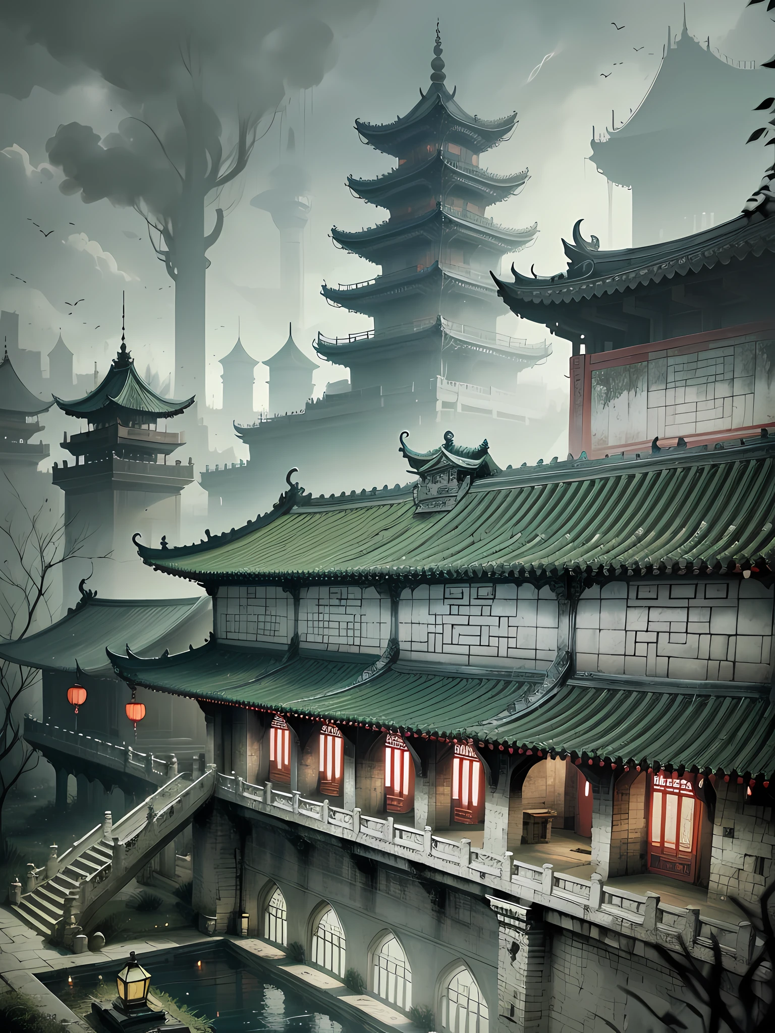 Le palais souterrain plein de revenants et de griefs, le palais entouré de lumière verte, sombre, froid, humide, Style chinois --v6
