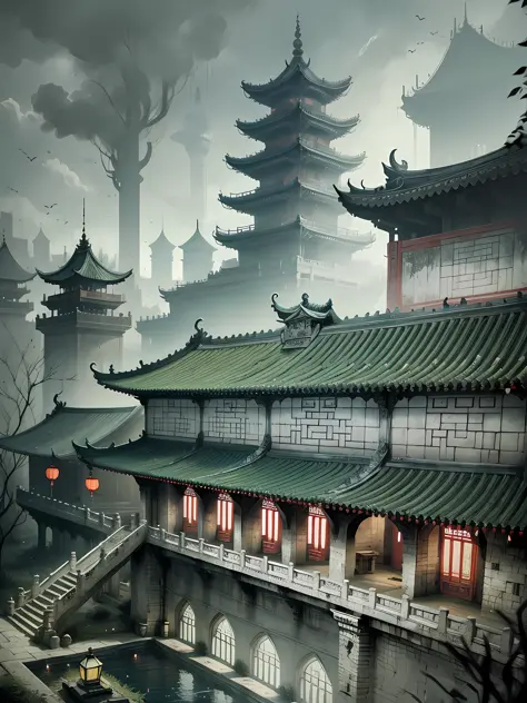 The underground palace full of revenants and grievances, the palace surrounded by green light, gloomy, cold, damp, Chinese style...