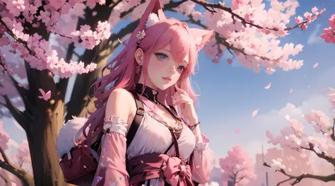 there is a woman with pink hair and a pink dress holding a bag, very beautiful anime cat girl, beautiful anime catgirl, anime gi...