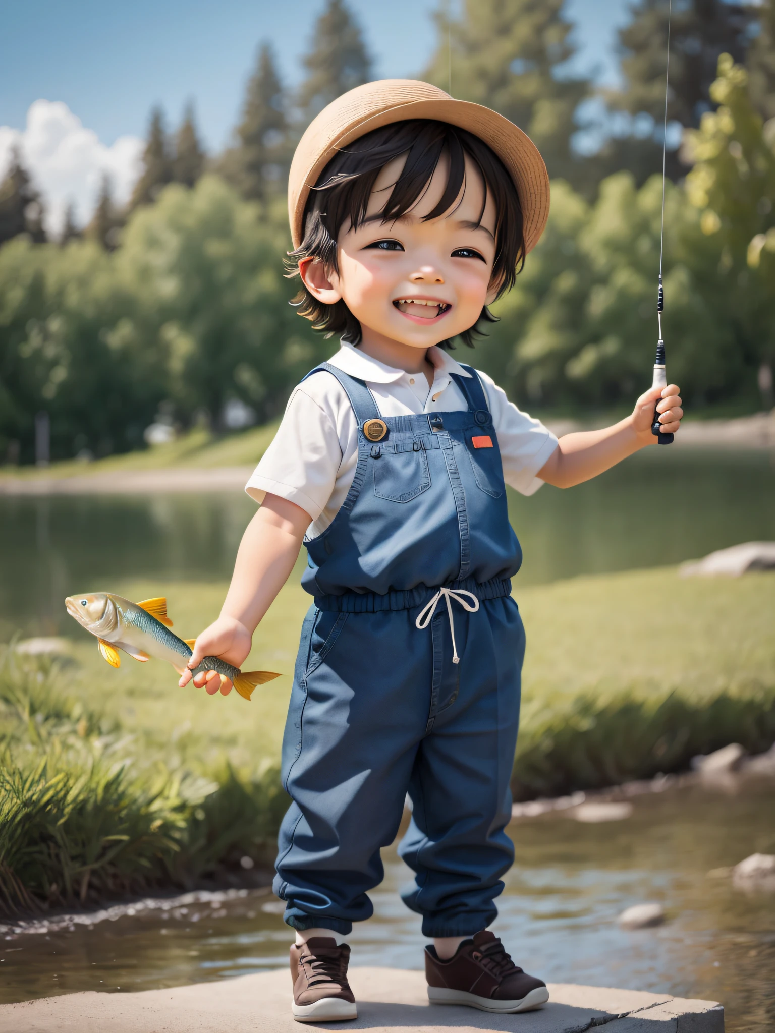 Um garotinho fofo ficou especialmente feliz ao pegar um peixe